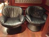 Pair Contemporary Black Leather Swivel Chairs