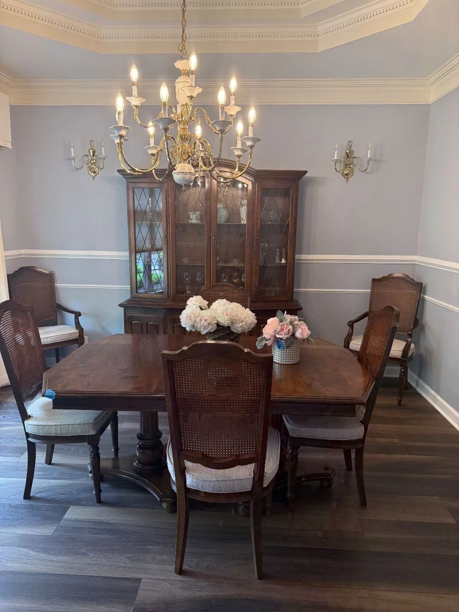 Signed Ethan Allen
Dining table can set 8 or more with additional leaves, Cane back chairs and table pads