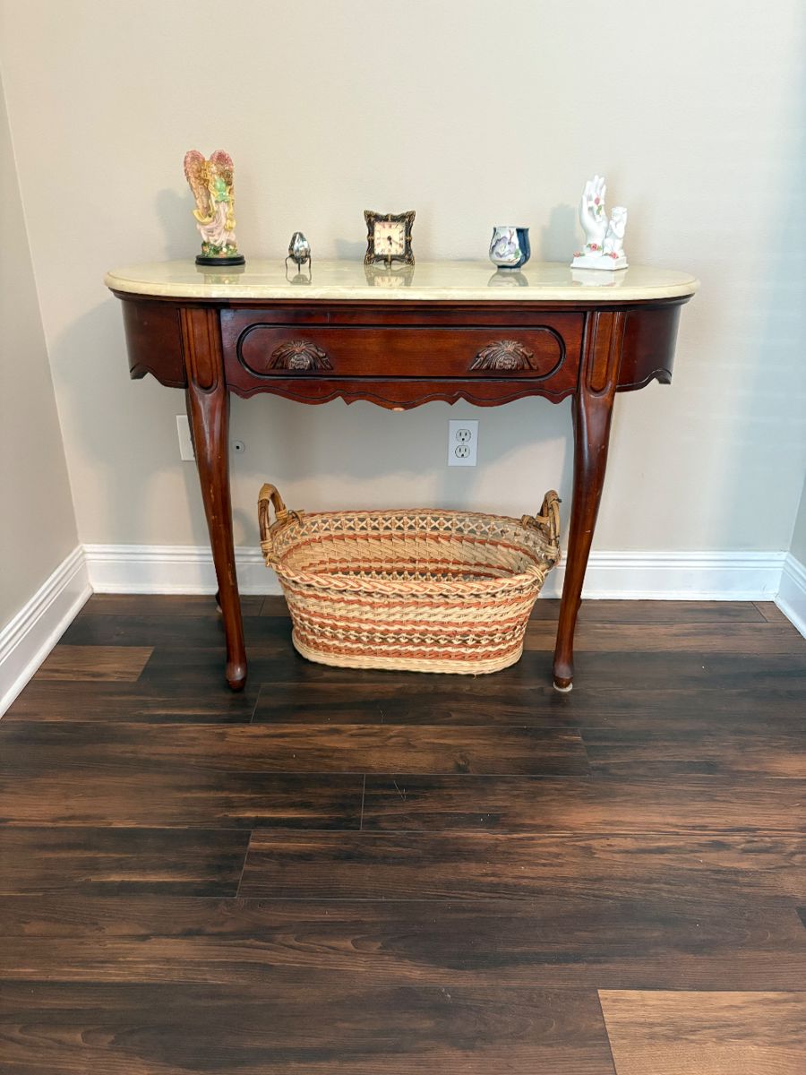 Antique table with 2 drawers
43” wide
18” deep
32” high