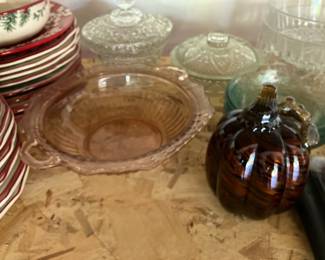 Pink depression glass bowl, glass pumpkin