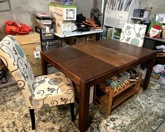 Wooden table w one leaf, pair of upholstered chairs