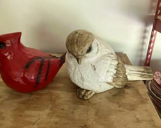 Large carved birds, cardinal and wren