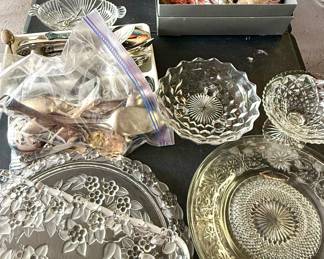 Silver plate flatware, glass dishes, tassels