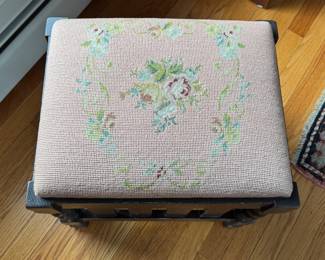 Vintage Needlepoint Upholstered Stool. Measures 14" x 17" x 18" H. Photo 1 of 2.