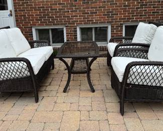 All-Weather Wicker Outdoor Furniture: Loveseat, Coffee Table and Pair of Chairs. Photo 1 of 4.