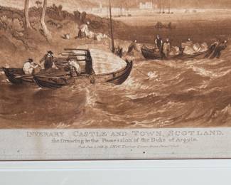 "Inverary Castle And Town, Scotland. The Drawing in the Possession of the Duke of Argyle. Antique Hand-Colored Etching by J. M. W. Turner. Measures 19" x 15" Overall. Photo 3 of 4.