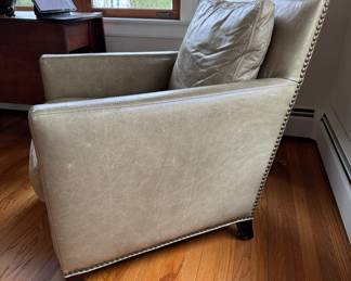 Pair of Crate & Barrel Light-Olive Colored Leather Club Chairs with Nailhead Trim. Each Measures 31" W x 36" D. Photo 2 of 4.