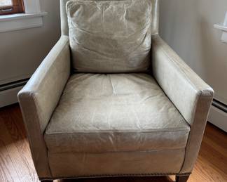 Pair of Crate & Barrel Light-Olive Colored Leather Club Chairs with Nailhead Trim. Each Measures 31" W x 36" D. Photo 1 of 4.