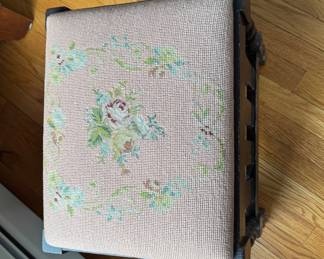 Vintage Needlepoint Upholstered Stool. Measures 14" x 17" x 18" H. Photo 1 of 2.