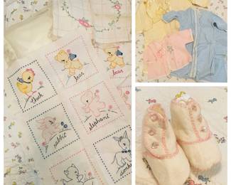 Antique 1920-1930s Baby...
- Embroidered Baby blanket starter pieces
- Flannel Baby Sweetpea sets, Blanket
- Flannel Baby Booties + Pearl buttons