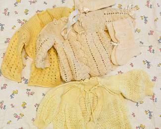 Antique 1920-1930s Baby Clothing...
- Crochet Sweaters, Booties, Hats with Satin ribbons In shades soft to bright yellow