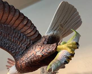 Detail pic, 
- Vintage Franklin Mint Soaring Eagle sculpture over Glass Wave. Tagged "Crafted in Thailand" on the Eagle. 
Made in Germany etched in glass. 