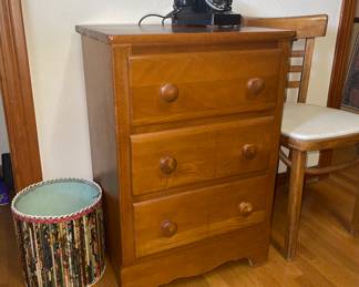 - 1950s Maple 3 Drawer Chest
- 1960's Rolled Paper Art Waste Basket 
- Maple Thonet bent stretcher chair 