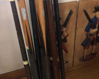 Vintage pool cues. Ornate, inlaid, carved, mother of pearl.