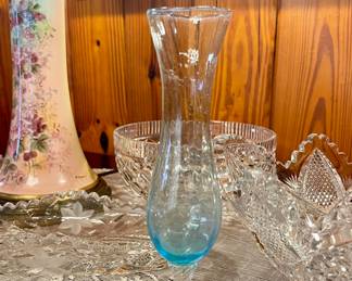 - Vintage Pale Blue Vase, Optic Glass Ruffle Edge & Twisted Stem
- Pair Hand painted Porcelain Lamp, signed