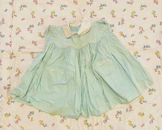 Antique 1920-1930s children's clothing
- Hand-sewn Mint Green Cotton Baby Girl dress, petite lace trims and a scalloped empire bodice with 2 little front pockets for tiny hands or treasure.
