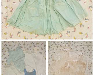Antique 1920-1930s children's clothing
- Hand-sewn Mint Green Cotton Baby Girl dress, petite lace trims and a scalloped empire bodice with 2 little front pockets for tiny hands or treasure.
- Hand-sewn Blue, Baby Bird embroidered Bib
- Antique Cotton baby dresses and slips adorned with French knot embroidery, pin-tucked details, tiny mop buttons.
