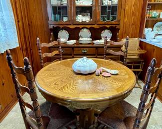 - *Oak Clawfoot dinette table (42"diameter)
- (4) *Antique Ladder back chairs
- *Vintage Ethan Allen Hutch