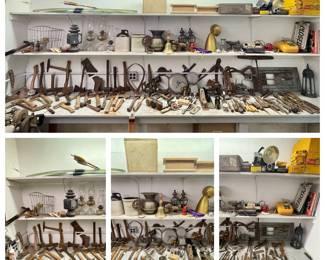The workshop is filled with Antique to Vintage hand-tools.
Antique Carriage Lantern. Jugs. Cameras. Lights. Brass Spittoon. Oil Lamps.