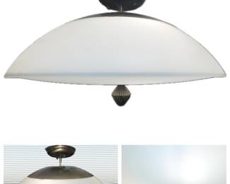 Detail pics,
1950s Mid Century Ceiling light
All frosted glass top and bottom diffusers with antique bronze fittings and canopy.
Takes 3 standard bulbs.