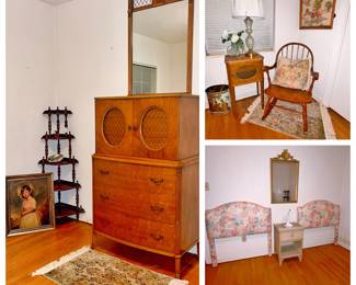 - *French Provencial Chest with matching Mirror. Brass screen detail
- * French Provencial Nightstand. Brass screen detail
- *MCM Pickled finish nightstand
- *Tell City Junior Rocking chair
- *Vintage Trapunto Twin headboards in shades of Peach Blue Mint
- *Mahogany Corner Curio shelf