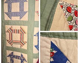 - Wonderful all Hand-sewn and pieced Quilt in "Attic Window" or "Crows Nest" pattern. Reverse is solid Mint Green Chintz. 1950s
