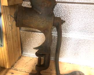 Vintage Iron Meat Grinder, wood handle