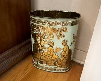 - Vintage Weibro Embossed Trash Can Metal Wastebasket Ladies Teal Brass Girl Garden
