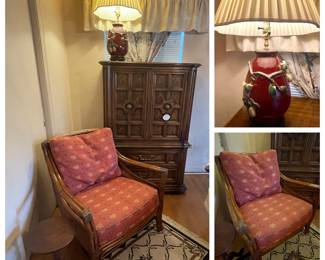 - Vintage Palecek Rattan Cane Occasional Chair with 2 custom cushions
-