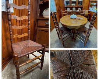 - (4) *Fabulous Antique Ladder back chairs
Seat: 18"height • 16.5"width • 14.5"deep
Ladder-back: 42"tall • 14.5"wide