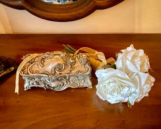 - Repousse Plate Jewelry Coffin, felt lined
- Vintage Silk White Roses Wedding Bouquet