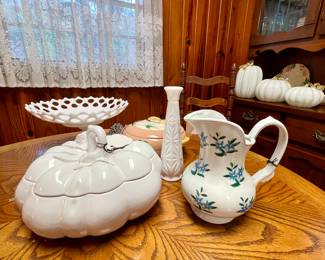 - White Pumpkin with lid, marked Italy
- Anchor Hocking "Stars and Bars" milk glass bud vase, popular in the 1950s and 1960s
- White Porcelain Pitcher, hand painted Blue Floral pattern
- Westmoreland Milk Glass Lace Edge Doric Pedestal Centerpiece Bowl
