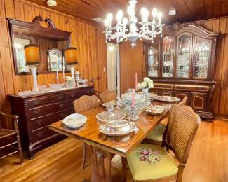 SOLD
Pine Trestle Dining Table SOLD
(4) French Provencial Cane Dining chairs with embroidered seats
Vintage 16 light chandelier in Milk White finish