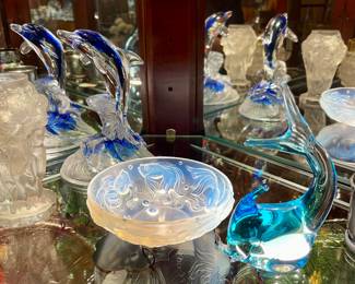 - Sabina signed Opal Glass Koi fish & Bubbles footed bowl
- Murano Art Glass Fish in Clear to Aqua & Blue
- Vintage France Cristal D Arques Durand Crystal Dolphin sculpture