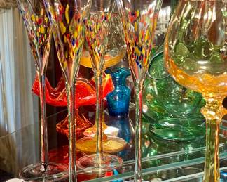 - Vintage Pair Champagne Art Glass Champagne Flutes, Murano End of Day Murano Glass.
