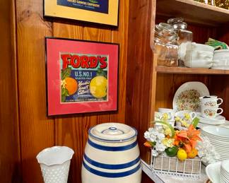 (2) Vintage citrus crate labels custom framed
- Ford's Florida's Finest Citrus Lakeland, Fl.
- Waverly Growers Cooperative in Waverly, Florida
- 2 gallon stoneware water cooler Blue Crown crown and stripes, by Robinson Ransbottom Pottery Co.
- Large Milk Glass Hobnail Vase
- Fenton White Daisy & Button Dot Boot Vase