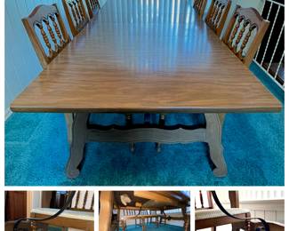 - *Vintage 1960s Dolly Madison
French Farm Style Dining Trestle Table with 2 leaves
- *(6) Dining Side Chairs