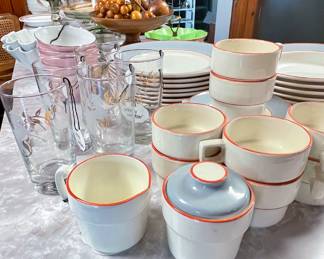 - Pagnossin Trevino Ironstone
Dinner/Salad Plates, Bowls, Flat Cup/ Saucers, Cream Sugar Set
Robins Egg Blue & Orange