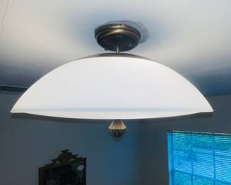 1950s Mid Century Ceiling light
All frosted glass top and bottom diffusers with antique bronze fittings and canopy.
Takes 3 standard bulbs.