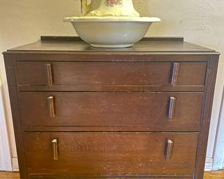 - Antique 3 Drawer Chest. All wood, Mahogany. Great piece and needs some Love. 
- 1950s Ceramic wash basin and pitcher set in White & Yellow with Roses motif 