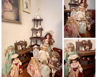 - Collectible Porcelain Dolls with handmade Woven & Pine Doll Furniture