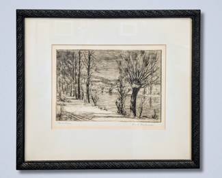 Leon Makielski, American, 1885-1974. A 20th century etching on paper Ann Arbor, Michigan landscape, titled "Huron River". Signed "Leon A. Makielski" lower right, titled lower left. Image 7 1/4 x 4 3/4" high, framed 12 3/4 x 10 3/4" high overall.
*Note: All works can be shipped, please contact us at 734-434-2660 or info@schmidtsantiques.com to request a shipping estimate.