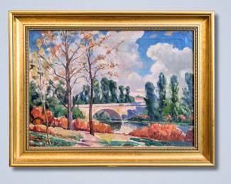 Leon Makielski, American, 1885-1974. A 1930s Ypsilanti, Michigan, landscape with a view of the former Cross Street Bridge in Depot Town, titled “Bridge”. Signed “Leon A. Makielski” lower left, titled with artist inventory number "1743" verso. Image 27 3/4 x 19 3/4" high, framed 33 3/4 x 25 3/4" high overall.
*Note: All works can be shipped, please contact us at 734-434-2660 or info@schmidtsantiques.com to request a shipping estimate.