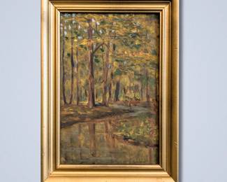 Leon Makielski, American, 1885-1974. A 1920s-1930s oil on Masonite Oregon, Illinois, autumn forest landscape with a view of a stream, titled “Forest in Autumn”. Signed “L.A. Makielski” lower right, titled with artist inventory number "2127" verso. Image 5 1/2 x 8 1/2" high, framed 7 1/2 x 10 1/2" high overall.
*Note: All works can be shipped, please contact us at 734-434-2660 or info@schmidtsantiques.com to request a shipping estimate.