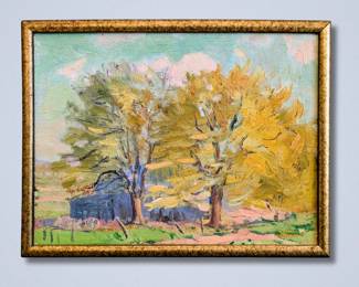 Leon Makielski, American, 1885-1974. A 1919 oil on cardboard Ann Arbor, Michigan, turn of the season landscape with two Oaks, titled “Autumn Trees”. Signed “Leon A. Makielski” lower right, titled and dated “1919” with artist inventory number "971" verso. Image 11 3/4 x 8 3/4" high, framed 12 3/4 x 9 3/4" high overall.
*Note: All works can be shipped, please contact us at 734-434-2660 or info@schmidtsantiques.com to request a shipping estimate.