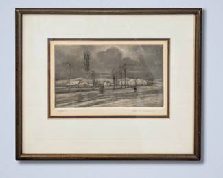 Leon Makielski, American, 1885-1974. A 20th century etching on paper village scene during harvest, titled "Night". Signed "Leon A. Makielski" lower right, titled lower left. Image 8 x 4 1/2" high, framed 14 x 11 3/4" high overall.
*Note: All works can be shipped, please contact us at 734-434-2660 or info@schmidtsantiques.com to request a shipping estimate.