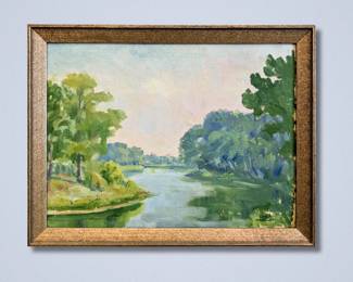 Leon Makielski, American, 1885-1974. A 1930s oil on artist board South Bend, Indiana, summer landscape with a view of the St. Joe River, titled “St. Joe River in Summer”. Signed “Leon A. Makielski” lower right, titled with artist inventory number "2157" verso. Image 11 1/2 x 8 1/2" high, framed 13 1/4 x 10 1/4" high overall.
*Note: All works can be shipped, please contact us at 734-434-2660 or info@schmidtsantiques.com to request a shipping estimate.