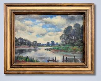 Leon Makielski, American, 1885-1974. A 1930s oil on artist board Michigan overcast summer landscape with a view of a small boat on a river, titled "A Cloudy Day". Signed "Leon A. Makielski" lower left, titled with artist inventory number "2108" verso. Image 13 1/4 x 9 1/4" high, framed 17 3/4 x 13 3/4" high overall.
*Note: All works can be shipped, please contact us at 734-434-2660 or info@schmidtsantiques.com to request a shipping estimate.