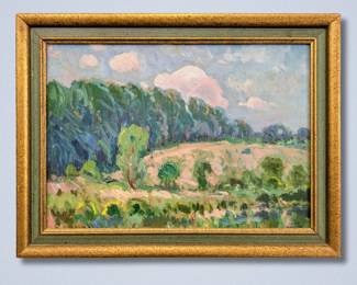 Leon Makielski, American, 1885-1974. A 1923 oil on artist board Michigan summer landscape with a view of a pasture's forested edge, titled "Summer Day". Signed "Leon A. Makielski" lower right, titled and dated "July 30, 1923" with artist inventory number "1147" verso. Image 13 1/4 x 9 1/4" high, framed 16 x 12" high overall.
*Note: All works can be shipped, please contact us at 734-434-2660 or info@schmidtsantiques.com to request a shipping estimate.