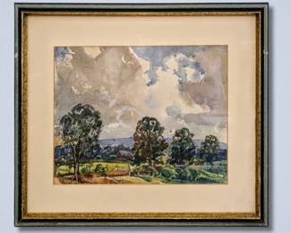 Leon Makielski, American, 1885-1974. A 1940s watercolor on paper Michigan summer landscape with a view of fenced farm. Signed "Leon A. Makielski" with artist inventory number "1753" lower right. Image 11 1/2 x 8 1/2" high, framed 16 3/4 x 13 3/4" high overall.
*Note: All works can be shipped, please contact us at 734-434-2660 or info@schmidtsantiques.com to request a shipping estimate.